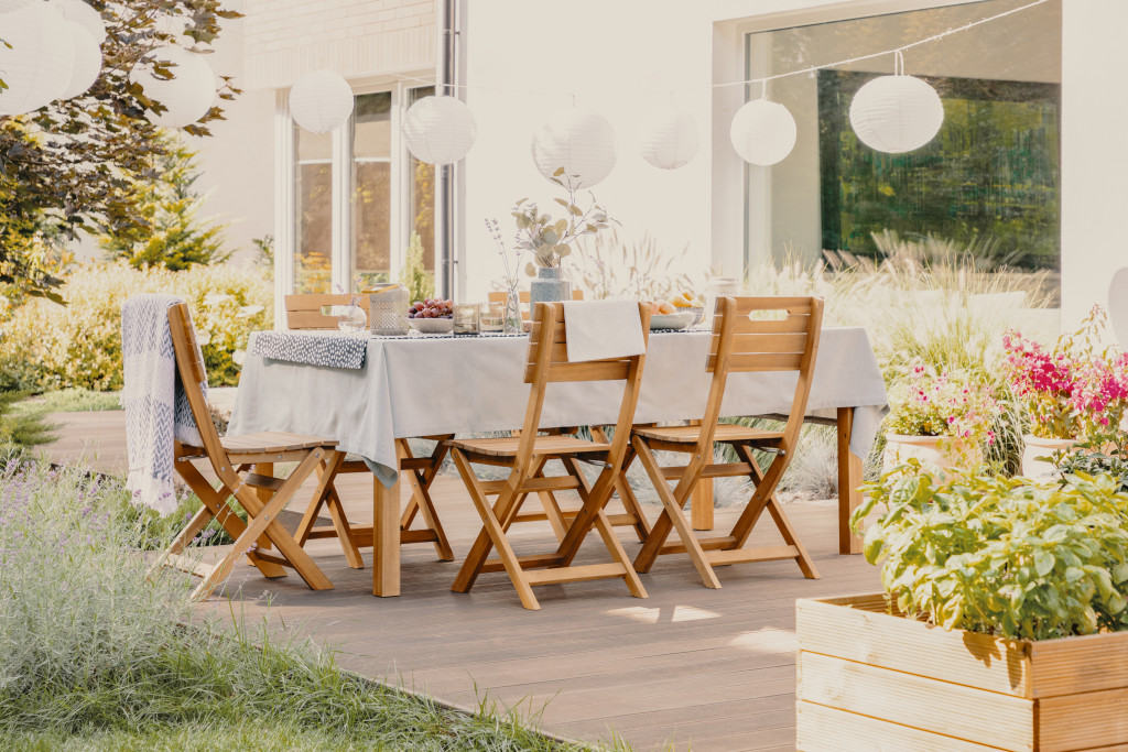 outdoor dining area with lighting