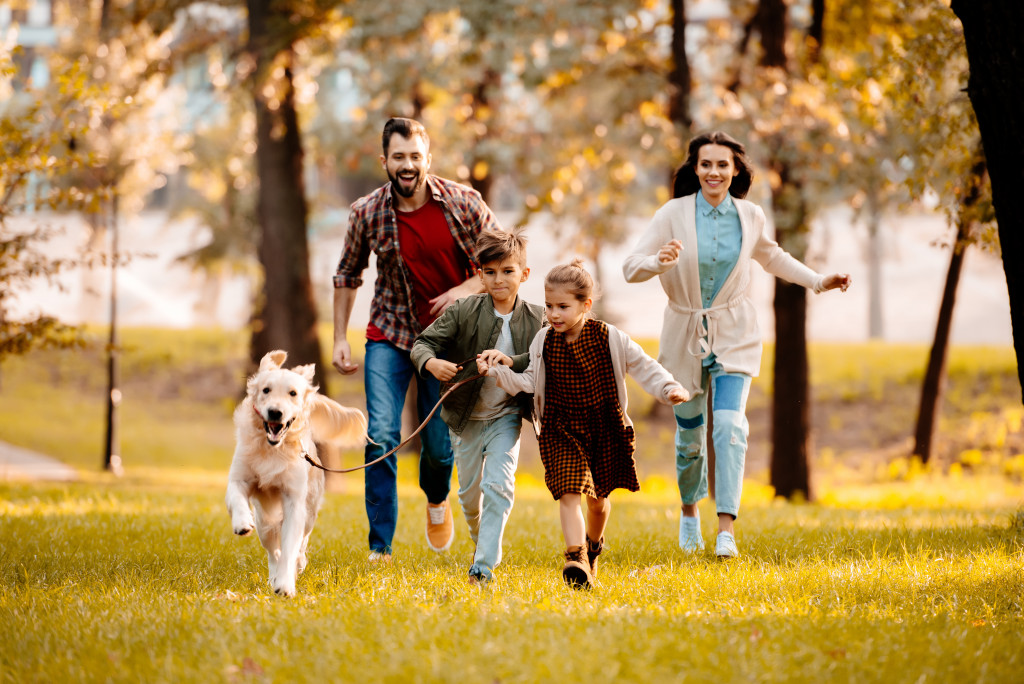 a family with a dog